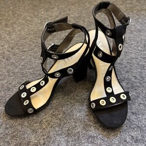 Sam & Libby Evita Black Grommet Chunky Block Heel Sandals Faux Suede